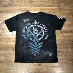 Xzavier Shirt Men Large Black Short Sleeve Shiny Print Goth Y2K Skull Gun Peace